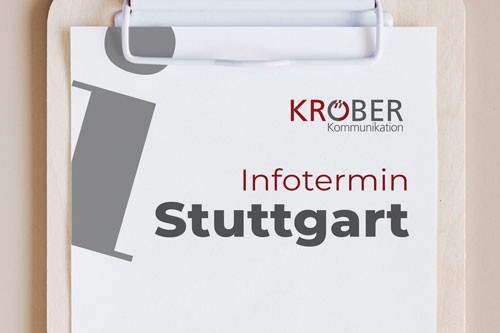 Ein Clipboard auf dem "Infortermin Stuttgart" steht. In der rechten oberen Ecke ist das Kröber Kommunikations Logo